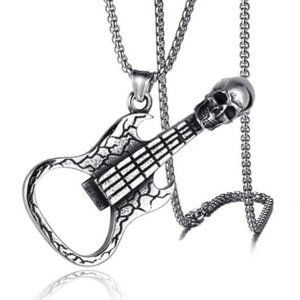 New Silver Skull Guitar Pendant and Chain